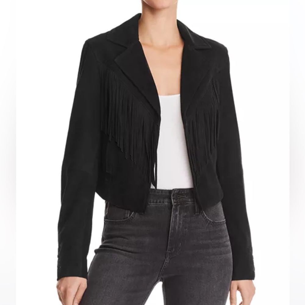 Paige black 100% genuine leather suede jacket with fridge size small